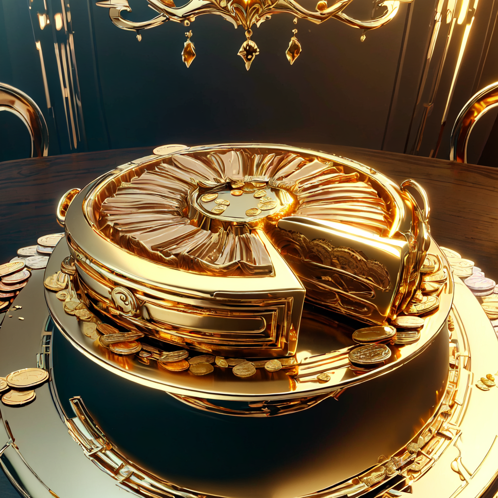 masterpiece, best quality, highres, ultra-detailed, table, (gold cake slice:1.1), gold fruit, dessert, dessert, sweets, (g...